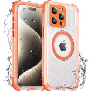 2025 New for iPhone 15 Pro Case Waterproof, [Compatible with MagSafe][Built-in Camera & Screen Protector][Full Body Shockproof][IP68 Waterproof][Dustproof] Phone Case for iPhone 15 Pro 6.1" (Orange)