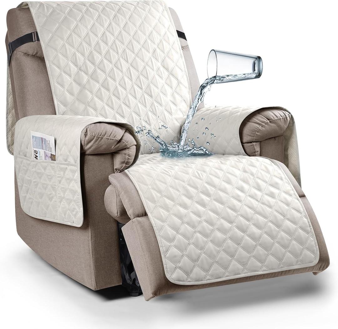 Ruaozz 100% Waterproof Recliner Chair Cover Non-Slip Reclining Cover for Recliner Chair Washable Chair Seat Cover with Elastic Straps for Kids, Dogs, Pets (Beige, 23'')