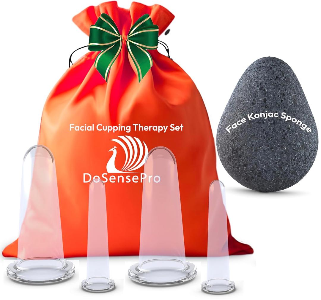 Anti-Aging Facial Cupping Set for Face and Neck with Japanese Konjac Sponge for Enhanced Skin Care (2M 2S)