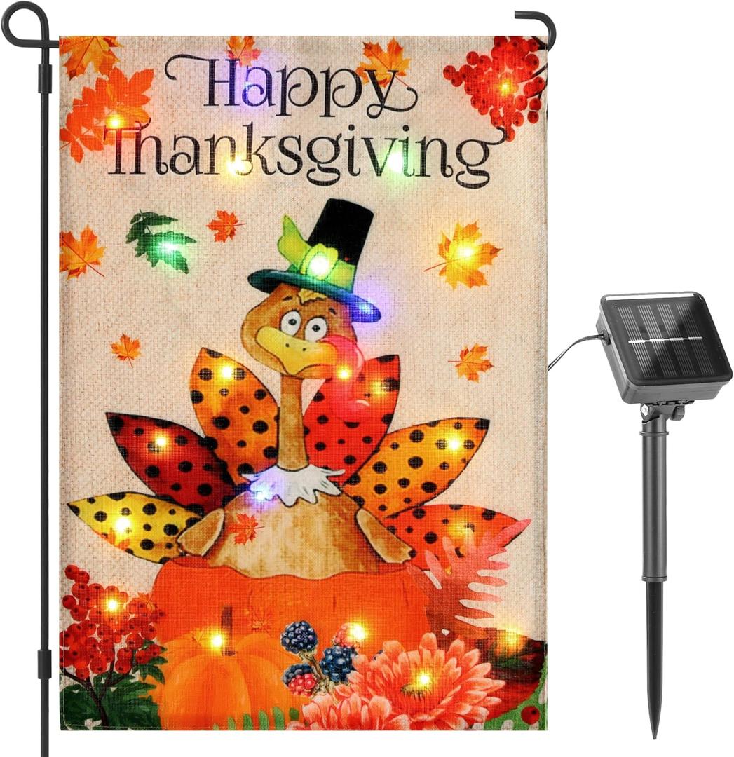 Lighted Thanksgiving Turkey Garden Flag 12 x 18 Inch Double Sided Outside,Solar Light Up Happy Thanksgiving Decorative Yard Flag Holiday Outdoor Decoration