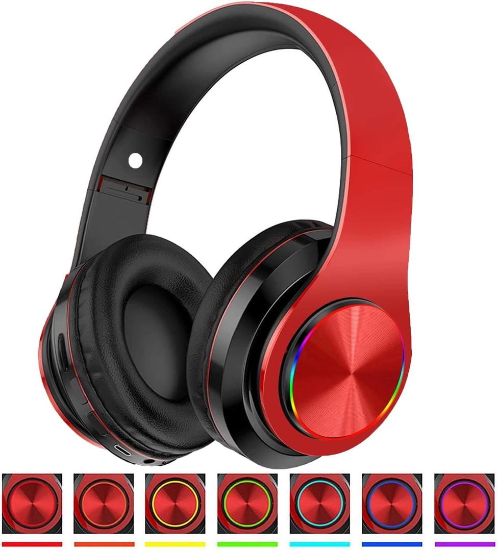 YTYC Bluetooth Headphones Over Ear Headphones with Deep Bass LED Foldable Stereo Headphones, Wired and Wireless Headset for Smart Phone/TV/PC(Red/Black)