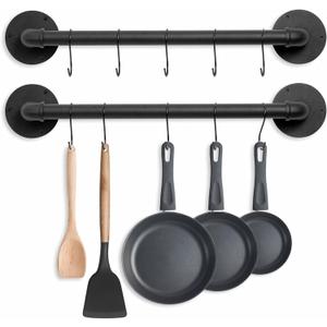 Pot Pan Rack Wall Mounted Set of 2, 21" Industrial Pipe Utensils Hanger Holder Pots Storage Organizer Iron Detachable Hanging Rail for Kitchen with 10 S Hooks