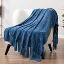 PAVILIA Blue Chenille Throw Blanket for Couch Sofa, Soft Knit Throw with Tassel, Decorative Blanket for Bed Chair Living Room, Blue 50x60