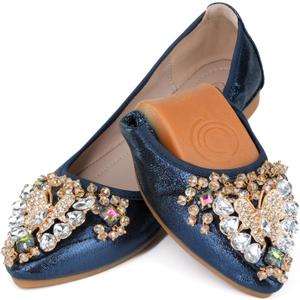 Women's Ballet Flat Shoes - Cute Rhinestones Bow Wedding Flats Slip on Flats for Women Comfort (10.5, Blue)