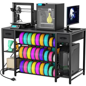 3D Printer Table with Storage, Heavy Duty Metal 3D Printer Stand with Filament Storage Drawer & Power Hub, Large Capacity 3D Printer Desk for Workshop, Studio & Home Office(Black)