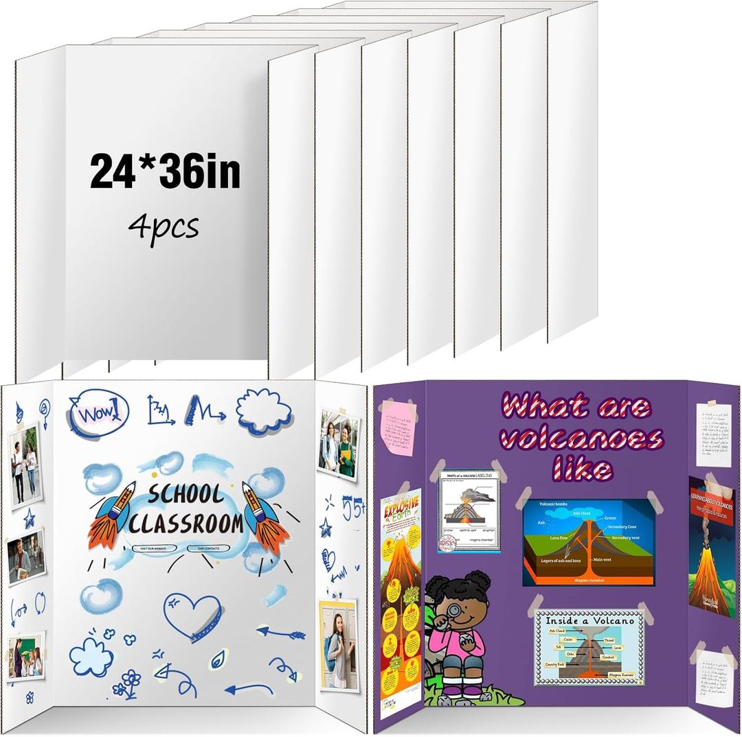 4 Pack Trifold Poster Board, IKAYAS 24" X 36" Double Sided White Tri-fold Poster Boards, Science Fair Display Boards Presentation Boards for Mounting, Art, Display, Projects Classroom Supplies