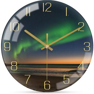 VIKMARI 12 Inch Modern Wall Clock, Aesthetic Black and Gold Decor Accessories, Unusual Silent Non Ticking Aurora Clocks for Living Room/Kitchen/Bedroom/Bathroom/Office (Glass)