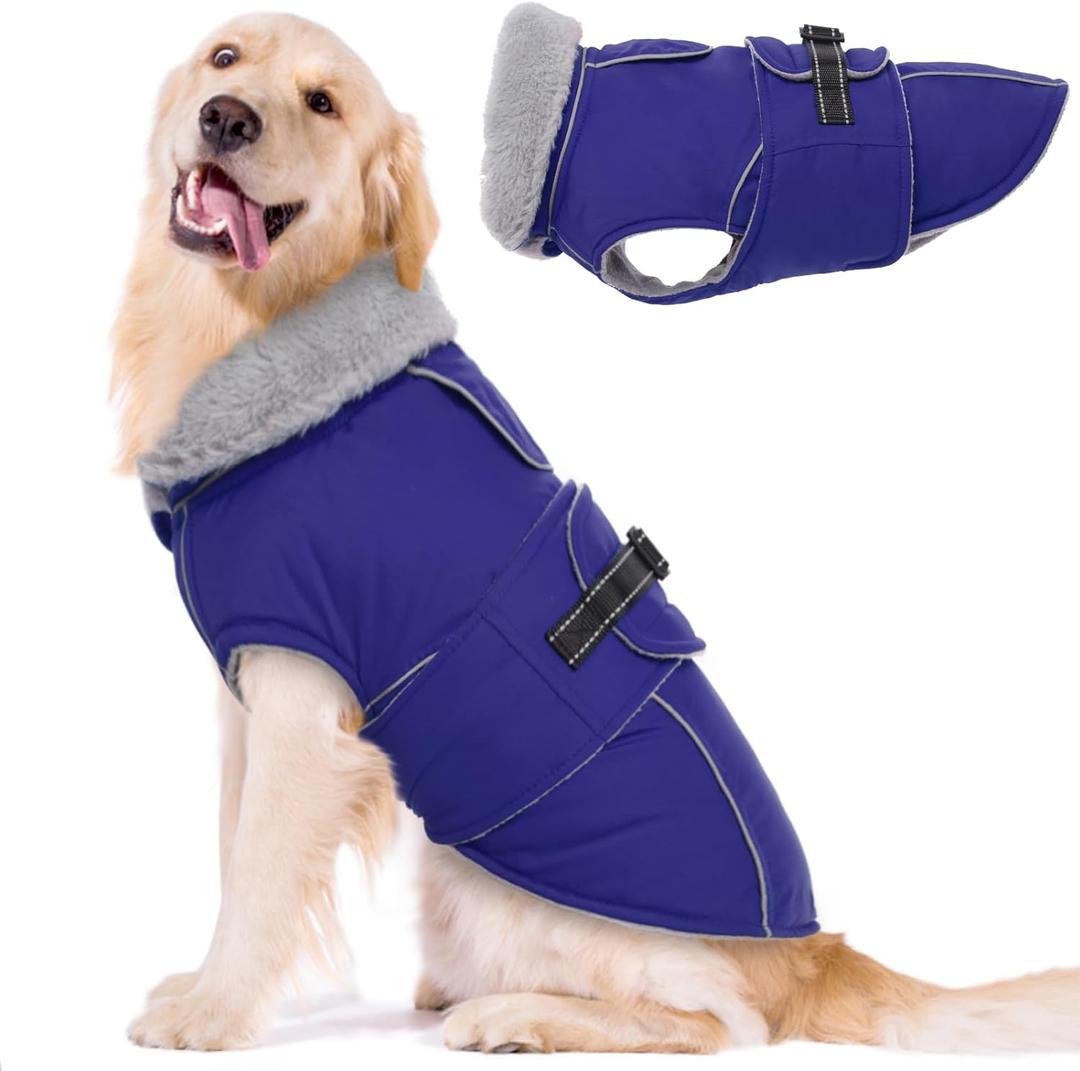 Lelepet Warm Dog Winter Coat Waterproof Dog Jacket with Adjustable Buckle & Leash Hole Reflective Pet Fleece Snowsuit Turtleneck Windproof Cold Weather Coats, Blue, XXL (2XL)