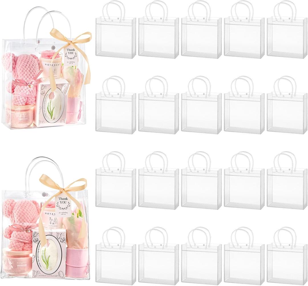 Mauproy 20 Pack Clear Plastic Gift Bags with Handles, Party Favor Bags with Ribbons and Tags, Reusable Goodie Tote Bags for Valentine's Day Wedding Baby Shower (9.8 x 9.8 x 3.5")