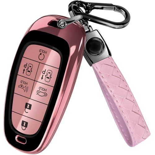 Lucrum Compatible with Hyundai Key Fob Cover & Leather Keychain, Keyfob Case for Santa Fe, Sonata, Tucson, Grandeur, Ioniq 5, Palisade, Nexo - For 7 Button Remote (2019-2025) - Pink and Black