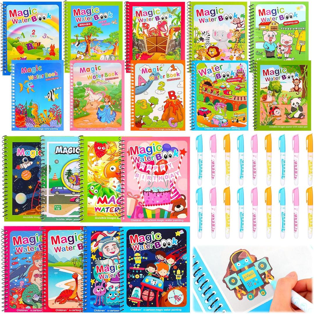 18 Pcs Water Coloring Books for Toddlers Reusable Painting Book with Pens Mess Free Water Pen for Toddlers Dino Animal Themed Coloring for Boys and Girls Painting