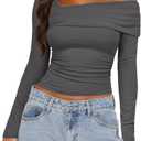 Darong Women's Off Shoulder Tops Y2K Shirt Slim Fit Ruched Crop Top Long Sleeves Spring Fall Blouse Going Out Shirt (Gray, L)