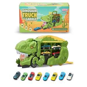 Prextex Dinosaur Truck Garage  Multicolored Plastic Dino Truck with Cars  Transport Dinosaur Truck with Foldable Sliding Track Trucks for Boys  Fun Dinosaurs Toys for 3+ Year Boys