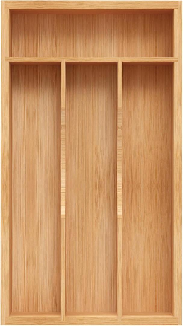 Small Silverware Organizer, Bamboo Kitchen Drawer Organizer, Utensil Holder, Cutlery Tray & Spoon Flatware Storage with Grooved Drawer Dividers (Small 12x6.7 Inch, Natural)