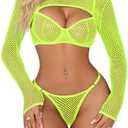 Lilosy Sexy Fishnet Sheer Underwire Rave Outfits Top Bra Panty 3 Piece Lingerie Set, XXL