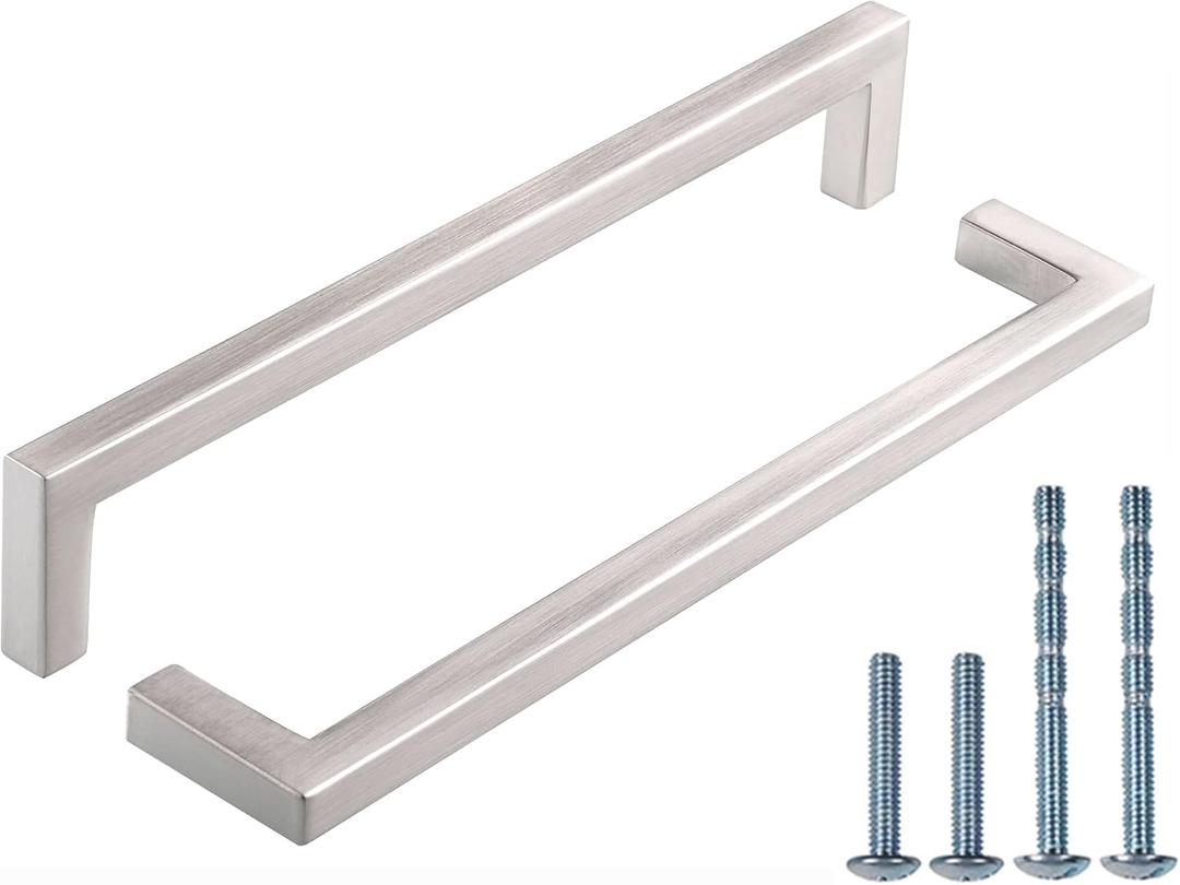 10 Pack Solid Cabinet Pulls Brushed Nickel,Kitchen Square Cabinet Handles Satin Nickel, 6-5/16" (160mm) Hole Center,Drawer Pulls Hardware Handles for Cabinets Cupboard Drawer