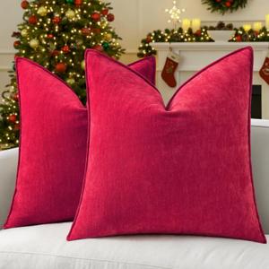 decorUhome Summer Couch Euro Sham Throw Pillow Covers 26x26 Set of 2, Decorative Soft Velvet Modern Cozy Chenille Pillow Cases with Elegant Design for Sofa Bed Living Room Home Decor, Red
