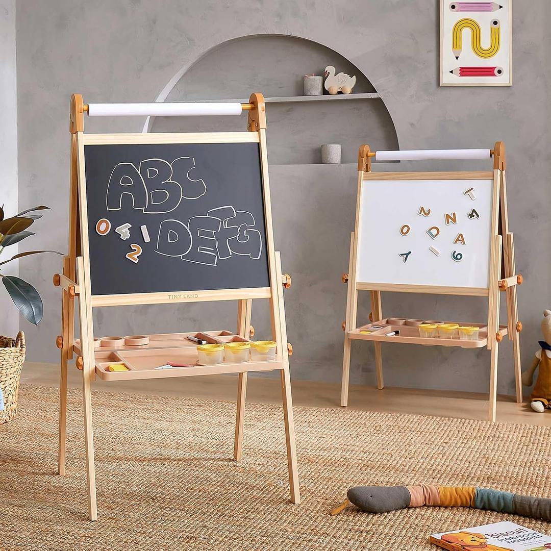Tiny Land Easel for Kids, Double-Sided Magnetic Easel, Adjustable Wooden Kids Art Easel with Paper Roll, Learning-Toy for 3,4,5,6,7,8 Years Old Boy & Girls, 43.9 inches