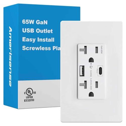 Amerisense GaN 65W 6Amp 2-Port USB Wall Outlet, 20 Amp Tamper-Resistant Receptacle with 1 USB Type C & 1 Type A Port, USB Charger for USB-C Laptop/iPhone/LG