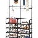 Laiensia 5Tier Entryway Coat Rack, Coat and Shoe Rack, Entryway Bench Storage Organizer with 8 Hooks for Bedroom, Hallway, Office, Black