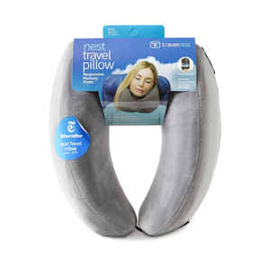 TRAVELREST Nest Neck Support Pillow - Travel Essentials, Memory Foam, Compact Travel Pillow for Long Flights, Plane Sleeping Accessories, Comfortable, Compact, Washable, Attaches to Luggage - Gray