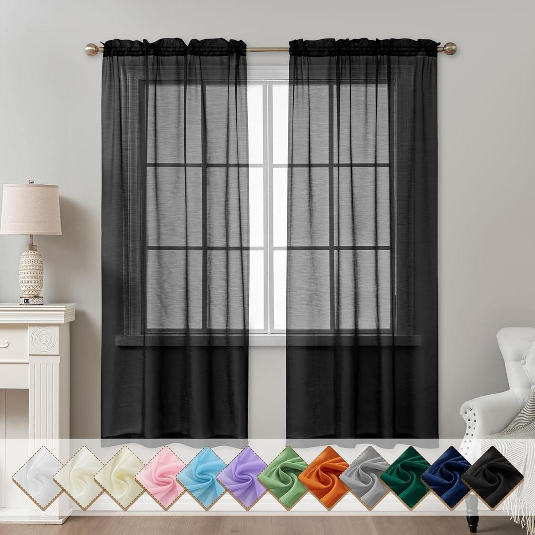 Black Sheer Curtains 72 Inches Long, Privacy Semi Sheer Curtains for Living Room Bedroom, Light Filtering Rod Pocket Voile Window Drapes 2 Panels Set, Each 42" W x 72" L