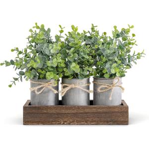 Dahey Centerpiece Table Decorations Coffee Table Decor Wood Tray 3 Galvanized Pots with Artificial Eucalyptus Plants Farmhouse Decor Table Centerpieces for Dinning Living Room Bath Kitchen, Brown