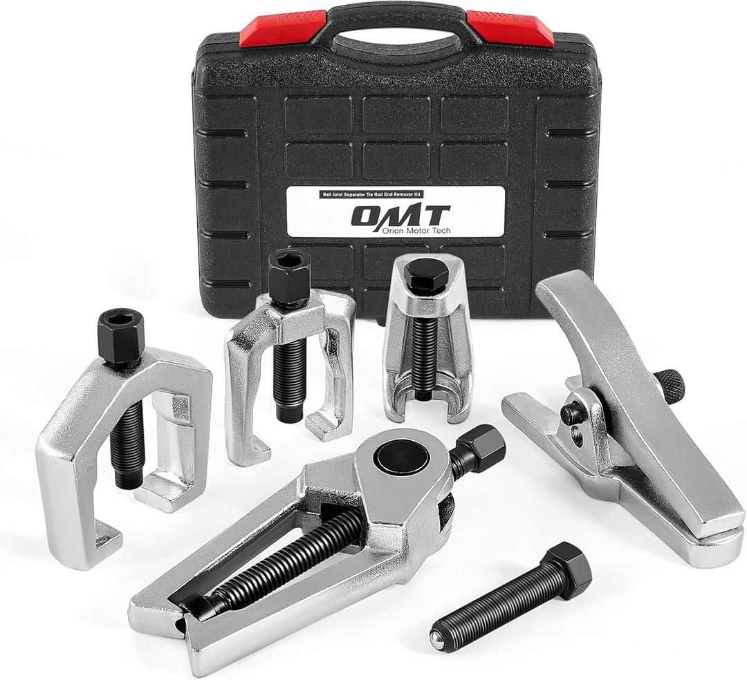 Orion Motor Tech 5-in-1 Ball Joint Separator, Pitman Arm Puller, Tie Rod End Tool Set for Front End Service, Splitter Removal Kit (BS06) (Black Case Silver Puller)