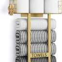 Aetyord Towel Racks for Bathroom - Wall Mounted Metal Rack with Wood Plank, Bathroom Storage Organizer, Towel Holder Stores 6 Large Rolled Towels Easily, Gold and Size XL 31"