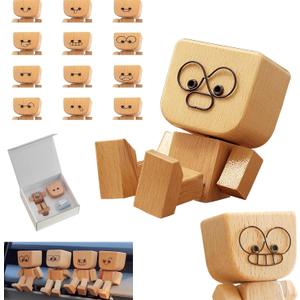 Charming Shaking Feet Wooden Man Figurine, Little Wooden Statue That Sways, Car Dashboard Figurines with Spring Legs with Rich Expression Accessories Decorations Doll Gifts