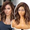 Brown Highlight Synthetic Lace Front Wig,Short Curly Bob Wig,Shoulder Length Wig for Women Daily Use 14IN