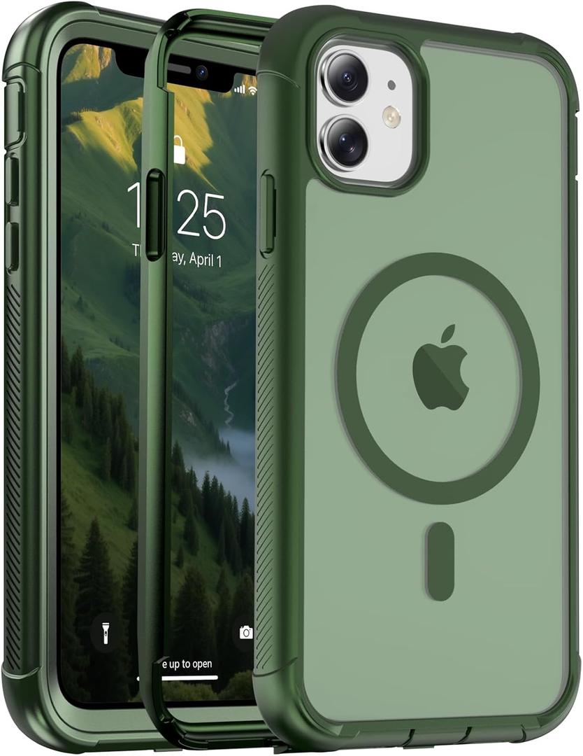 Magnetic for iPhone 11 Case, [Compatible with MagSafe][Military Grade Drop Protection][Heavy Duty Protection][Non-Slip][Shockproof] 2-Layer Durable Bumper Phone Case 6.1''-Army Green