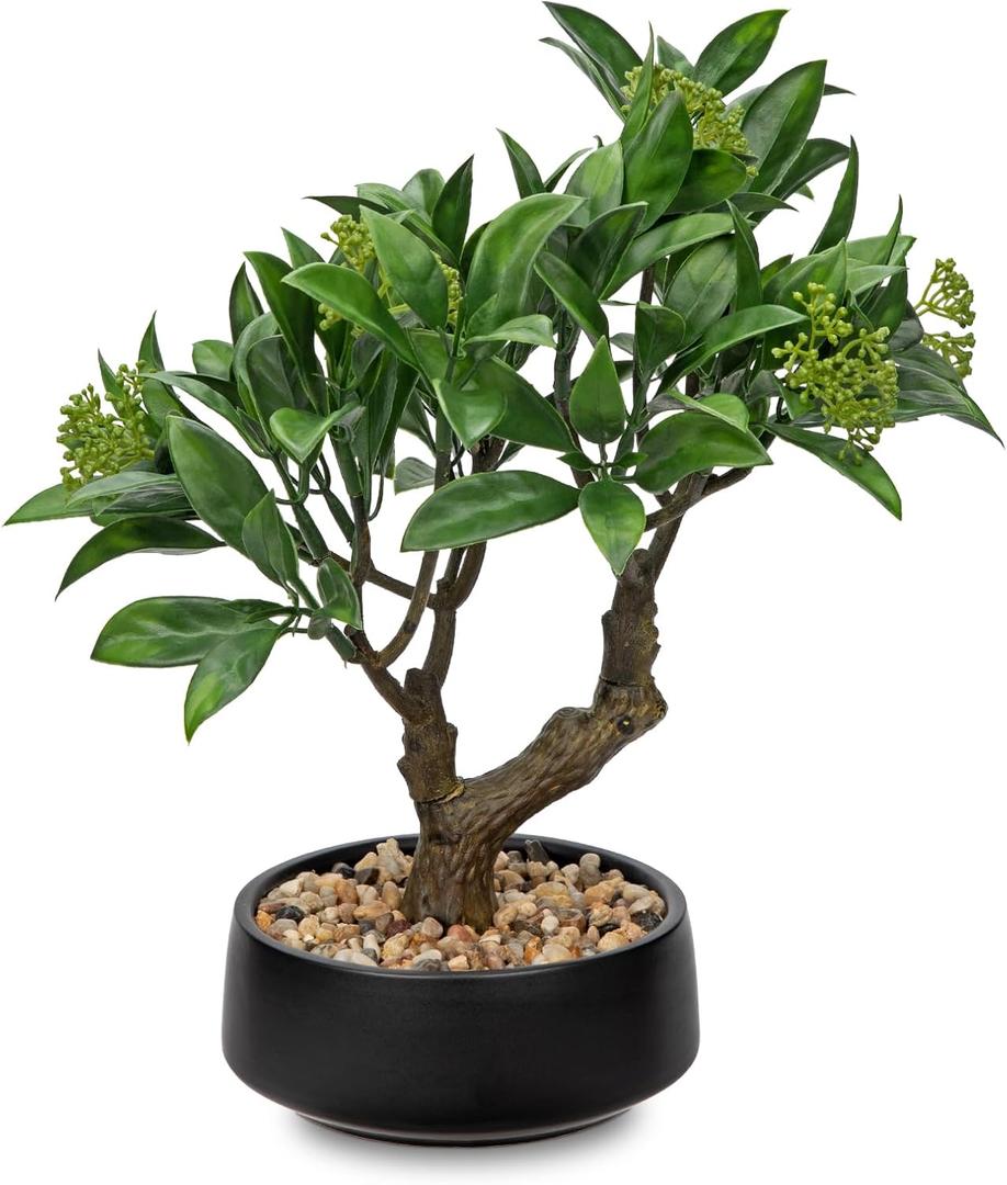 Artificial Bonsai Tree, Small Bay Laurel Bonsai Tree 13" Indoor Bonsai Tree Fake Potted Plant Decorative Fake Desk Plant Decor with Ceramic Pot for Home Office Living Room Bedroom Bathroom Table Shelf