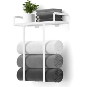 Towel Racks for Bathroom Wall Mounted, Xstydes Metal Towel Holder with Wooden Shelf for Folding Large Towels, Towel Storage for Small Bathroom Organizer Decor or RV Camping,White