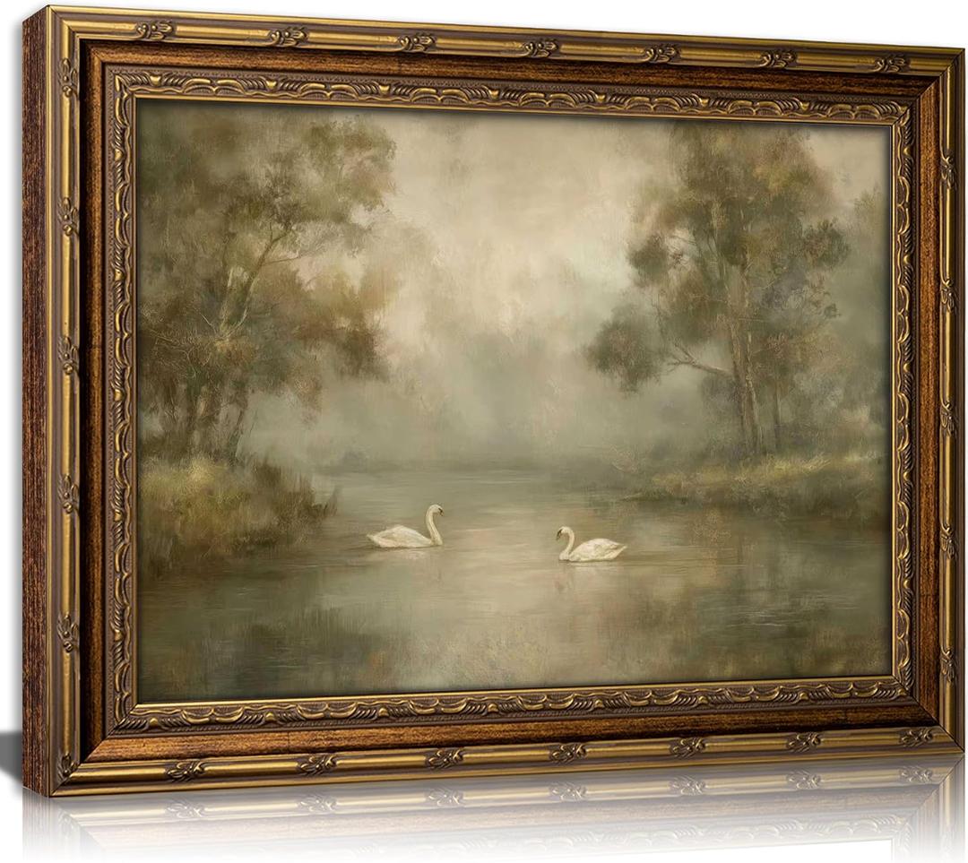 Vintage Gold Framed Swan Lake Wall art, Romantic Landscape Oil Painting Canvas Print, Rural Forest Lake Cottagecore Picture, Rustic Farmhouse Poster Artwork for Living Room Bedroom Bathroom, 24"L x 16"W