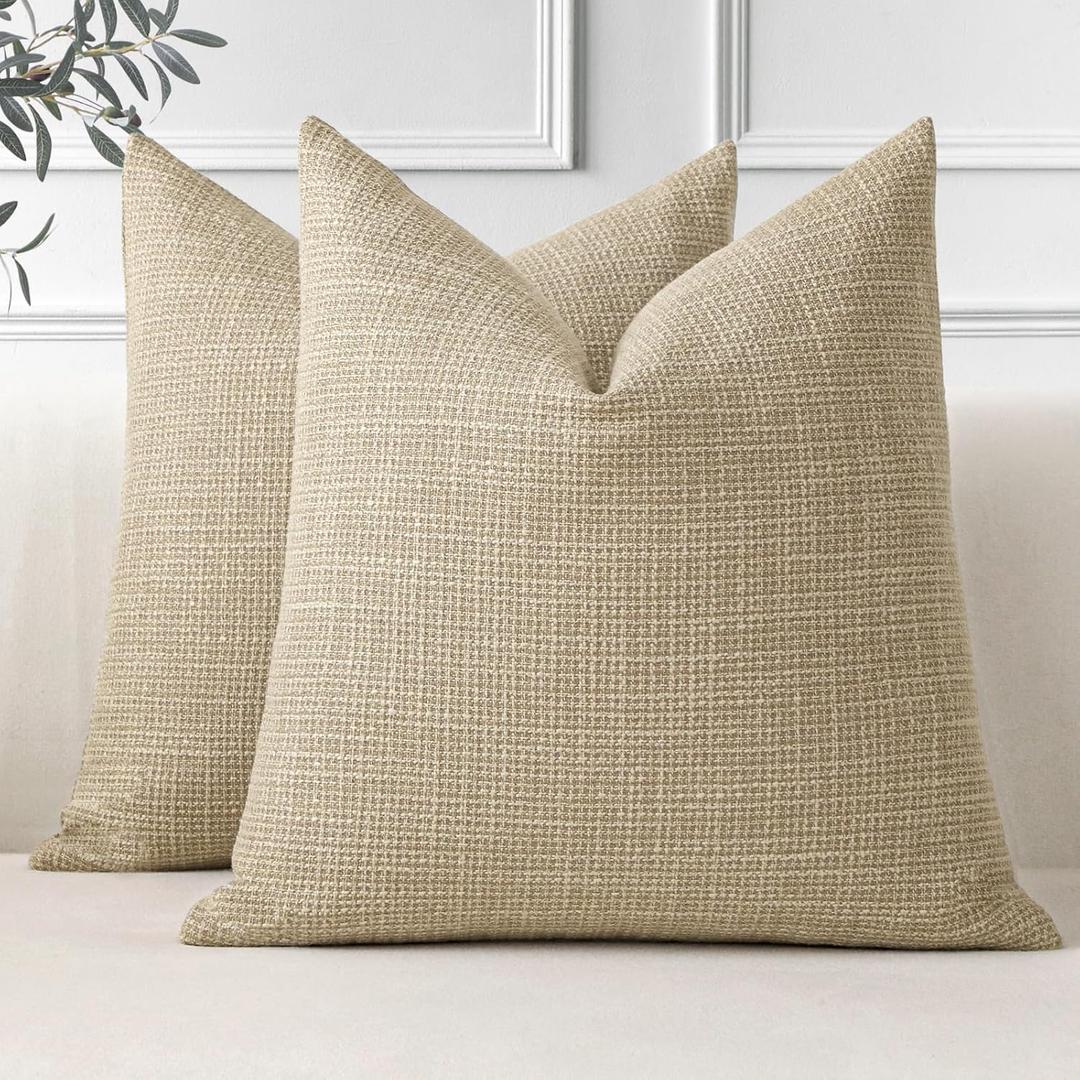 OTOSTAR Pack of 2 Throw Pillow Covers 18x18 Inch Linen Light Tan Pillowcases Farmhouse Decorative Solid Pillow Covers 45x45 cm Square Cushion Case for Home Decor Sofa Couch Bed (Light Tan)