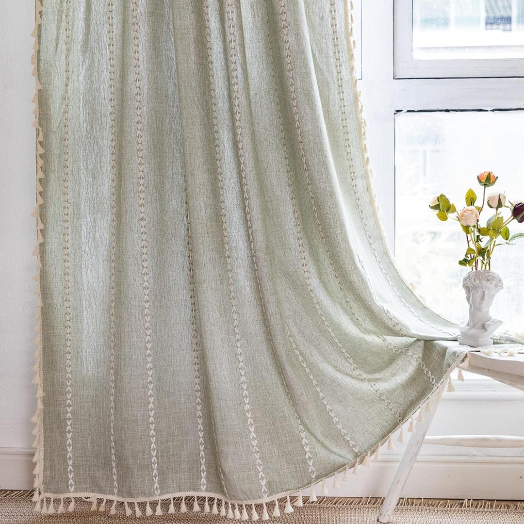 RoomTalks Sage Green Boho Farmhouse Curtains for Bedroom Living Room 84 Inch Length French Country Spring Cute Textured Window Curtain Panels Striped Bohemian Chic Tassel Draperies, 84L x 52W