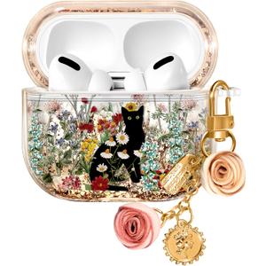 Coralogo for Apple for Airpods Pro 1/2 Case - Women Girls Cute Girly Kawaii for Airpods Pro 2nd Generation Case Cover Glitter Liquid Sparkle Cat Flower Hard Shell Keychain Funda Estuche Forro