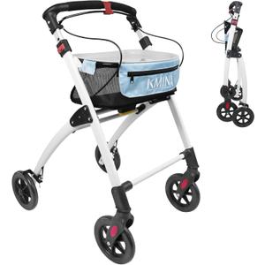 KMINA Narrow Walker for Small Spaces, Foldable Walker with Tray and Basket, 4 Wheels and Brakes, Lightweight Indoor Rollator for Seniors, Blue, PRO Model