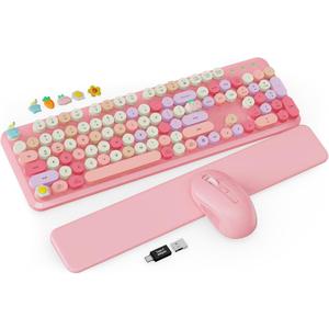 Wireless Keyboard and Mouse Combo, Typewriter Keyboard with Detachable Wrist Rest, Full-Size Retro Round Keycaps, Smart-Sleep, 2.4GHz Stable Connection for Mac/Windows/PC, Trueque(Rose Quartz Pink)