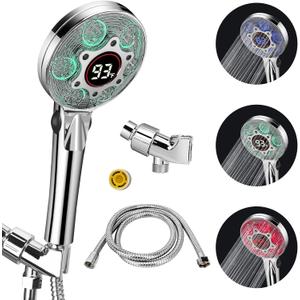 LED Shower Head with Handheld, Color Changing, Shower Head High Pressure with Water Temperature Display, Water Saving Spray Showerheads with 59" Hose and Shower Bracket for Low Water Pressure, Chrome