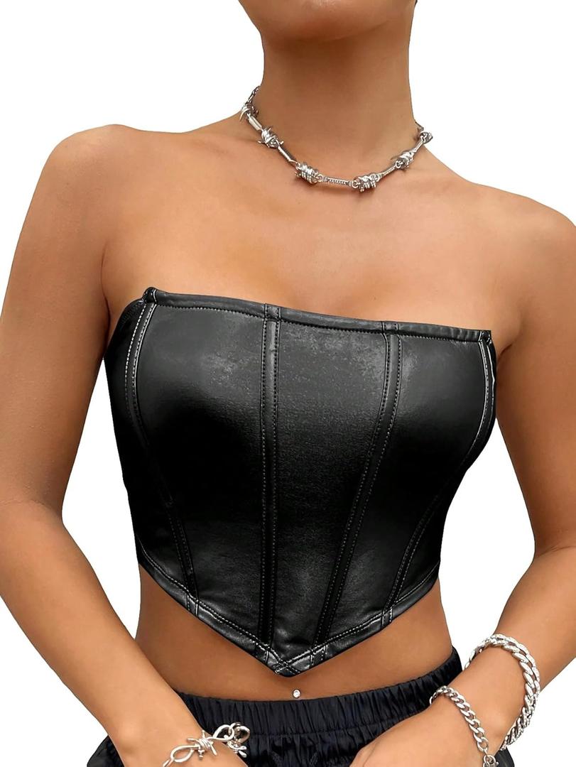WDIRARA Women's PU Leather Strapless Party Club Tube Tops Sleeveless Bandeau Crop Top (Medium, Black)