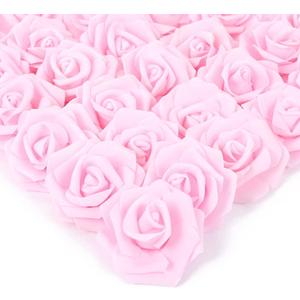 IPOPU Artificial Rose Flower Heads, 100pcs Real Looking Light Pink Foam Fake Roses for DIY Wedding Baby Shower Centerpieces Arrangements Party Tables Home Decorations (Light Pink, Stemless)