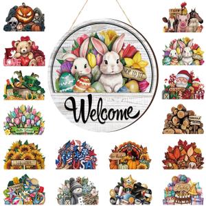 17pcs 12 Inch Magnetic Welcome Door Sign Interchangeable Front Door Wreath Decor Rustic Seasonal Hanging Sign Easter Spring Decor for Home Warming Gift(Classic Color,Welcome)