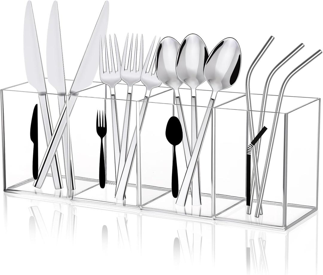 Acrylic Cutlery Storage Organizer Bin with Straw Holder, Clear Acrylic Silverware Caddy Utensil Holder 4 Section Plastic Cutlery Caddy Straw Organizer for Countertop Kitchen Party Buffet Picnic (10.43 x 2.56 x 4.33 inches / 26.5 x 6.5 x 11 cm)