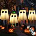 Set of 4 Halloween Hanging Ghosts, Halloween Decorations Outdoor Hanging Ghosts with Witch Hat,Glowing Ghost Witch Hat Lights, Light up Ghost Decor for Yard Patio Garden Tree Outside(4 Ghost Lighted)