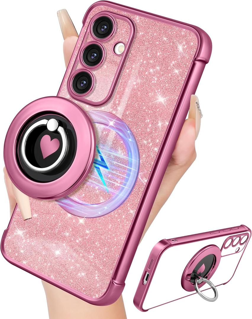 for Samsung Galaxy S24 Case - Women Glitter Bling Compatible with MagSafe Ring Stand Magnetic Phone Case Cute Girls Sparkly Luxury Elegant Girly Design for Samsung S24 Cases (Shine Pink)