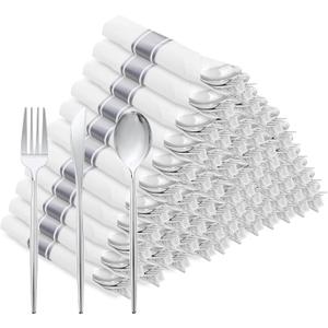 SUT 100 Pack Pre Rolled Silverware Set Disposable, 400 Pcs Silver plastic utensils Include 100 Forks, 100 Knives, 100 Spoons, 100 Napkins, Plastic Cutlery, Wrapped Silverware Set Disposable for Party