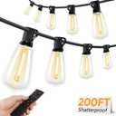 Brightever Outdoor String Lights with Remote, 200FT LED Patio Lights with 62 ST38 Shatterproof Vintage Bulbs, Dimmable String Lights for Outside, Waterproof IP65 Outdoor Lighting for Balcony, Camping (200FT-Warm White, Black)