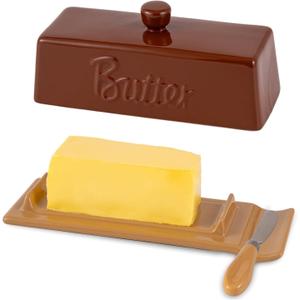 TEATALK Ceramic Butter Dish with Lid and Knife - Large Butter Holder, Farmhouse Style, 8-Inch Porcelain Butter Keeper with Scraper Edge,Brown (Regular)